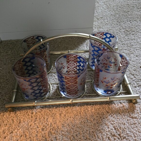 Decorative Glassware Set of 5 with Gold Metal Caddy – Lightly Used – Incomplete - Picture 7 of 15